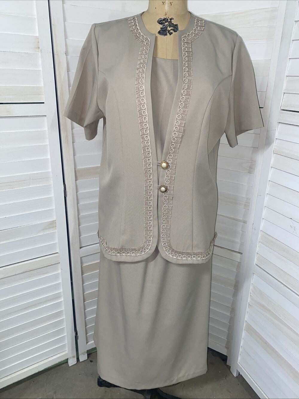 Elisabeth Williams 90s Taupe Women’s 2 Piece Skirt Suit Polyester Large